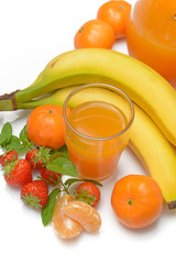 fruit juice with ingredients around on white background