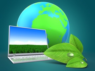 3d computer with earth globe