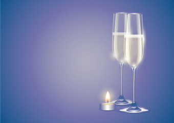 Champagne two full flutes or glasses white sparkling wine and christmas candle. Winter holiday card on faded purple retro background. Soft light vector illustration