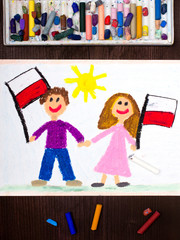 Colorful drawing: Smiling children, boy and girl, waving Polish flags. Polish patriotism. Independence Day in Poland