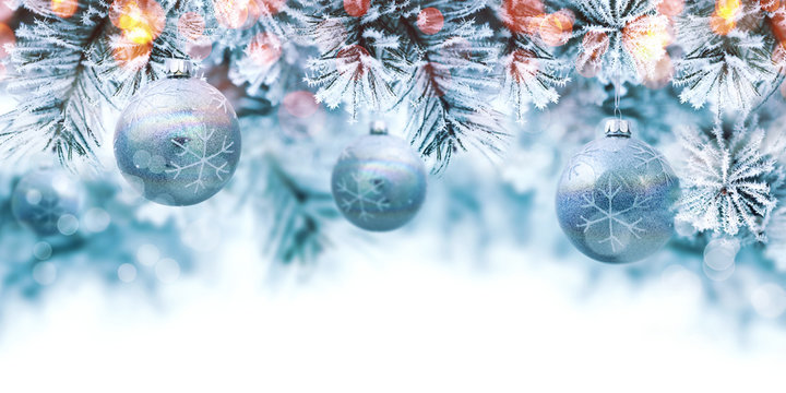Christmas blue background with balls hanging on pine tree. Banner with copy space