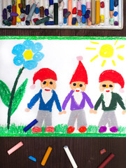 Fototapeta na wymiar Colorful drawing: three smiling dwarfs in red hats