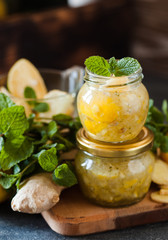Homemade lemon, ginger and mint jam. Natural medicine, healthy food top view
