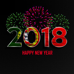Happy New Year and Merry Christmas. 2018 New Year background with national flag of Portugal and fireworks. Vector illustration.