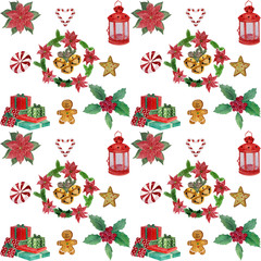 watercolor Christmas pattern on white background with wreath ,lantern,gift boxes,holly tree and candies