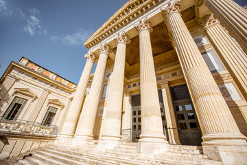 View from above on the Justice palace building with beautiful columns in Nimes city in southern...
