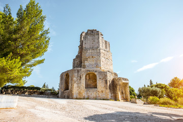 View on the old Magne tower in the Gardens of the Fountain in Nimes city in southern France
