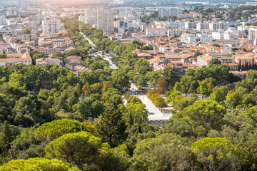 Aerial cityscape view from Magne tower on the old town of Nimes city in southern France