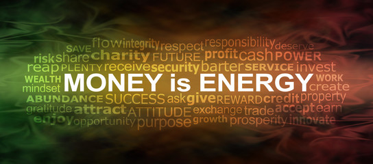 Money IS energy Word Cloud Banner - a green gold and red flowing energy formation background with a MONEY IS ENERGY word cloud 
