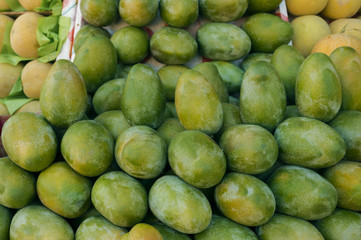 Fresh colorful tropical mangoes on display at outdoor farmers market. Mango close-up. Fruit background. Healthy eating. Concept of autumn agricultural harvest (selective focus)