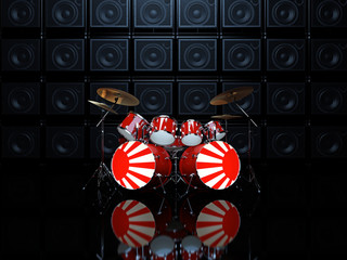Drum set painted in the Japanese flag on the background wall of guitar amps.