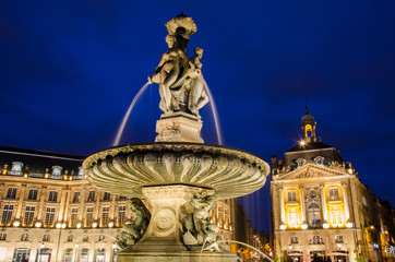 Fototapeta premium Fountain of the Three Graces at La Bourse place in the city of Bordeaux