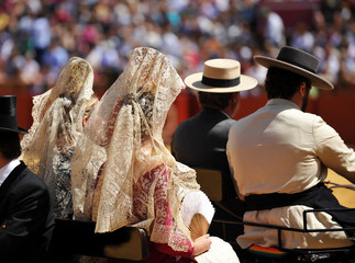 Andalusian women with mantilla in a horse carriage, Spain