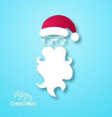 Merry Christmas background. Santa Claus moustache, beard and glasses on blue background. Vector illustration