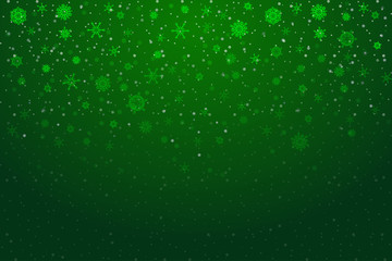 Christmas snow. Falling snowflakes on bright green background. Snowfall. Vector illustration, eps 10.