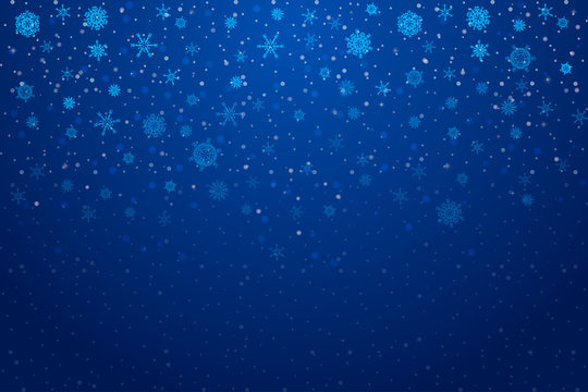 Christmas snow. Falling snowflakes on deep blue background. Snowfall. Vector illustration, eps 10.