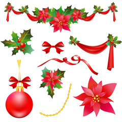 Christmas garland with poinsettia and red ribbons ,isolated on a white