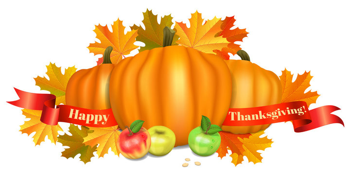 Happy Thanksgiving greeting card. Pumpkins, apples and maple leaves on white background. Fall harvest celebration. Vector illustration EPS 10.