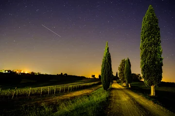 Fotobehang Uitzicht op de Toscaanse wijngaard en landweg met vallende ster aan de hemel © Ket Sang Tai