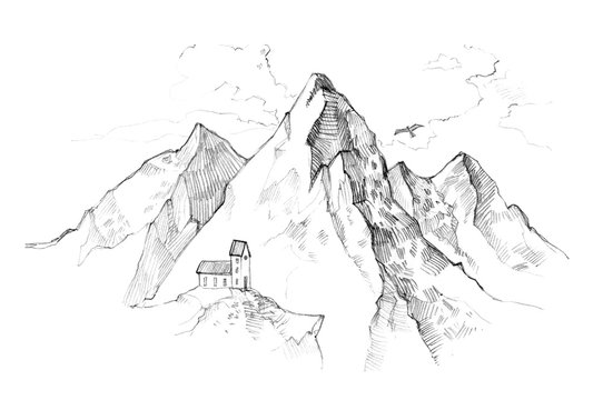 Hand drawn illustration - mountain peaks with lonly house. Outdoor camping background in sketch style. Landscape.