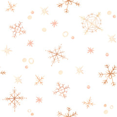 Winter background. Hand drawn watercolor seamless pattern - gold snowflakes and snow. I wish you a merry christmas. Perfect for invitations, greeting cards, posters, banners, fabrics, packing etc