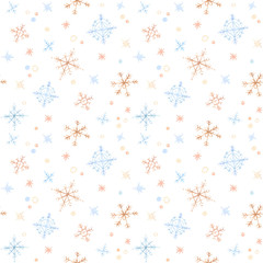 Winter background. Hand drawn watercolor seamless pattern - gold snowflakes and snow. I wish you a merry christmas. Perfect for invitations, greeting cards, posters, banners, fabrics, packing etc