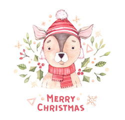 Merry christmas card. Hand drawn watercolor illustration - dog with floral elements, gold snowflakes and snow. Winter background. Perfect for invitations, greeting cards, posters, banners, prints