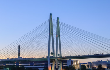 Cable-stayed bridge in St. Petersburg at sunset