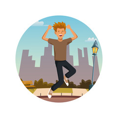 Young man jumping in the city icon vector illustration graphic design