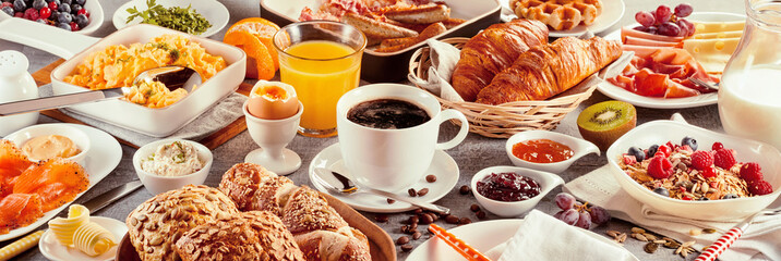 Breakfast with coffee surrounded by various food - 179913159