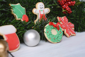 Close up view of colorful Christmas cookies with festive decoration.