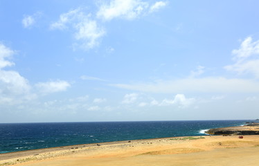 Natural beauty of Aruba. North coast. Amazing desert landscape and blue ocean. September, 2017