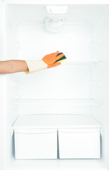 Woman's hand in glove cleaning white open empty refrigerator