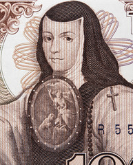 Sor Juana Ines de la Cruz portrait on Mexico 1000 pesos (1985) banknote closeup macro, philosopher,...