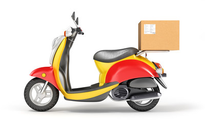 Delivery concept. Fast urban delivery. Motorbike with cardboard box. 3d illustration