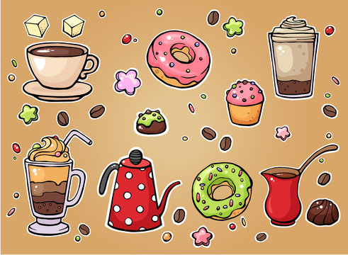 Vector hand drawn coffee and sweets collection. Plastic and paper coffee and tea cups, donuts, cupcakes, cute elements. Use for menu design, web page background, poster, birthday card.