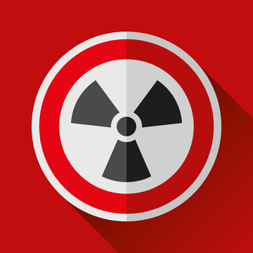 Radiation sign icon in flat style on red background, vector design toxic illustration for you project