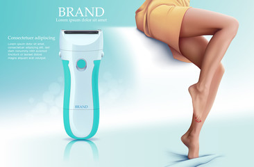 Colored and realistic banner with depilation by electric razor. hair removal on the body. woman composition with tool and woman figure vector illustration
