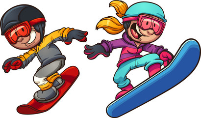 Happy snowboarding kids. Vector clip art illustration with simple gradients. Boy and girl on separate layers.
