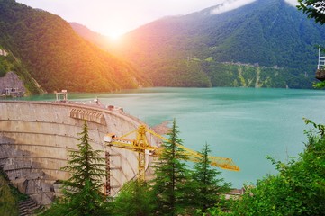 Scenic mountain landscape. Dam of Enguri - hydroelectric power station on Inguri river in Georgia