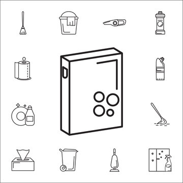 Washing powder box icon. Set of cleaning tools icons