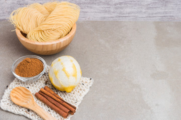 Ingredients for cooking vermicelli pudding. Aletria is a classic Portuguese vermicelli pudding and this is a traditionally served at Christmas time.