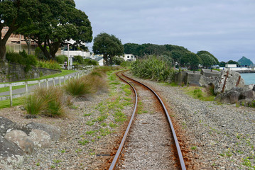 Fototapeta na wymiar Rail tracks beside coastal walkway New Plymouth