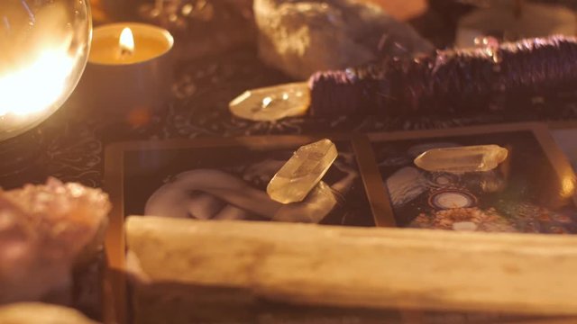 Fortune teller psychic medium tarot card table reading setup