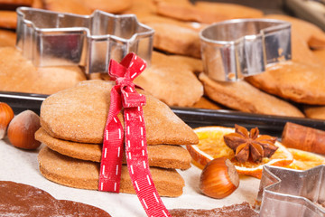 Fresh baked gingerbread or cookies for Christmas time and accessories for baking