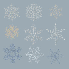 Set of hand-drawn black-and-white snowflake 