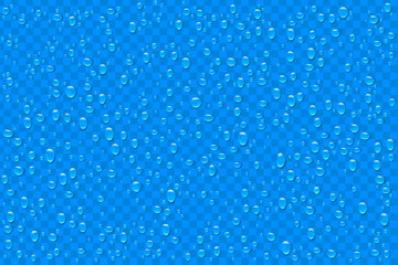 Naklejka na ściany i meble Realistic drops of water on a blue background. Vector illustration.