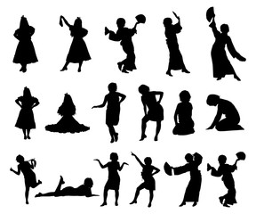 Silhouettes of girls in dresses, with a scarf and with a fan. Dancing, sitting, standing girls. Vector illustration.