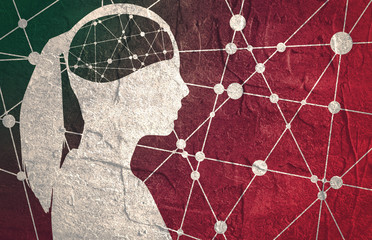 Silhouette of a woman's head. Mental health relative brochure, report design template. Scientific medical designs. Molecule And Communication Background. Connected lines with dots.