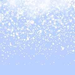 Fototapeta na wymiar Falling shining snow or snowflakes on blue background. Vector